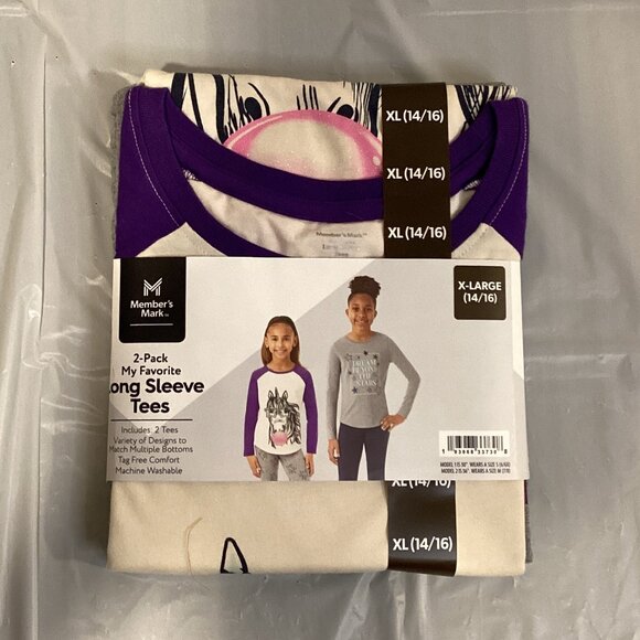 Member's Mark‎ Girls 2 Pack Long Sleeve Crewneck Loose Fit Graphic Tee - Picture 2 of 4